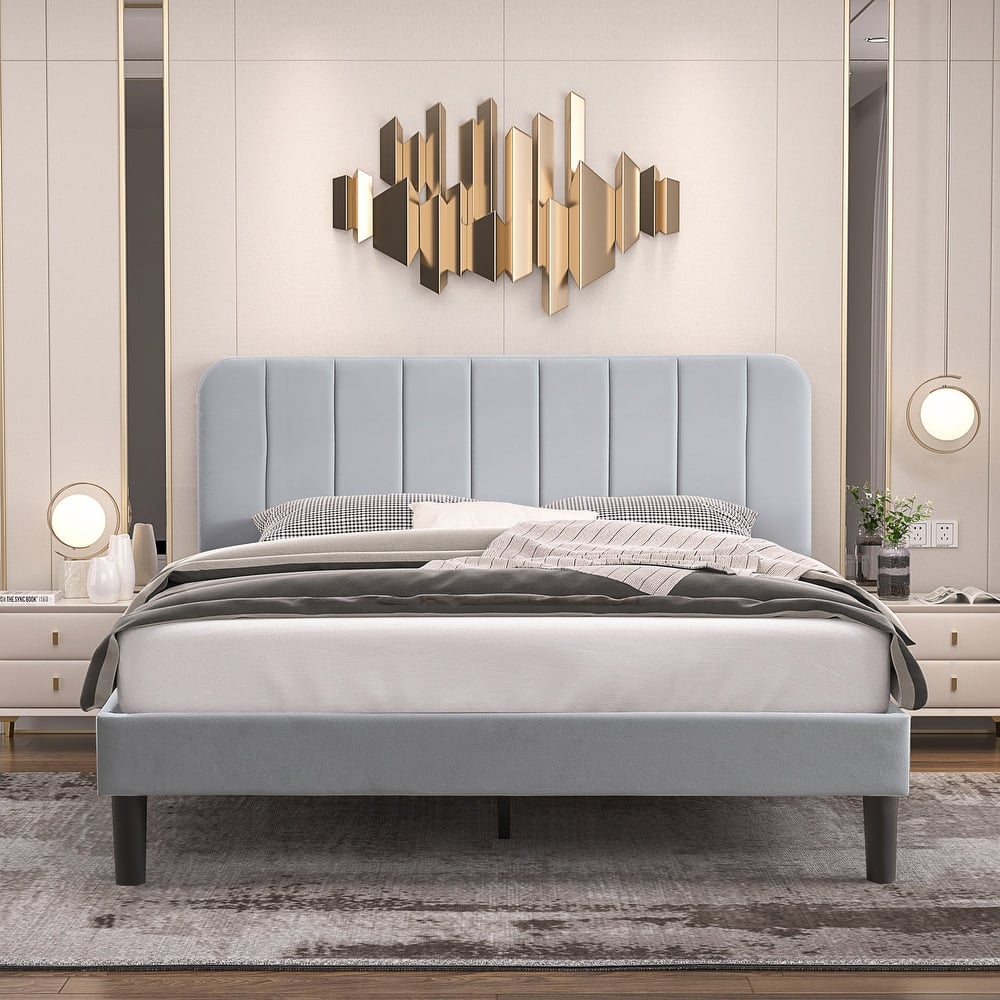 VECELO Modern Upholstered Platform Bed Frame with Adjustable Velvet Headboard Under-Bed Space for Storage No Box Spring Needed