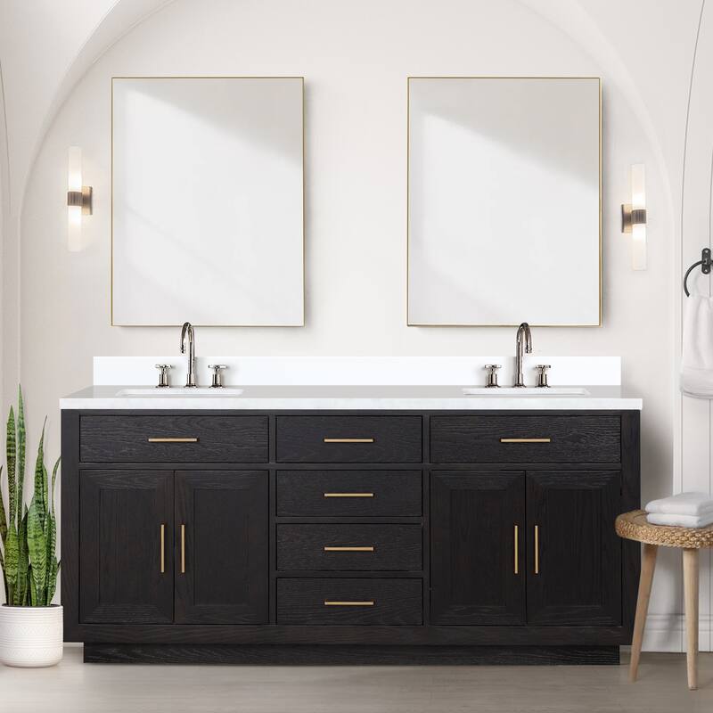 Abbey 60 in W x 22 in D Black Oak Double Bath Vanity, Cultured Marble Top, and 28 in Mirrors