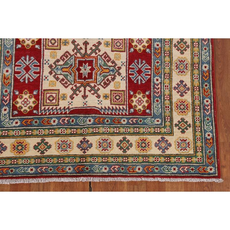 Geometric Red Kazak Area Rug Handmade Oriental Wool Carpet - 4'0" x 6'3"