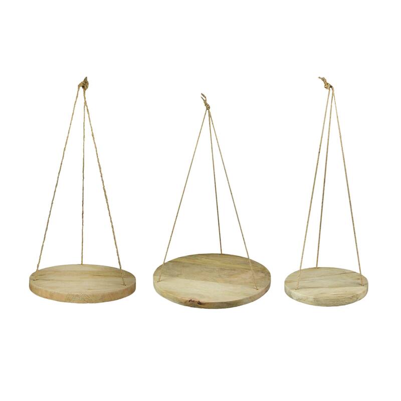 Primitive Wooden Disc And Jute Rope Hanging Plant Stands (Set Of 3) - 1 X 16 X 16 inches
