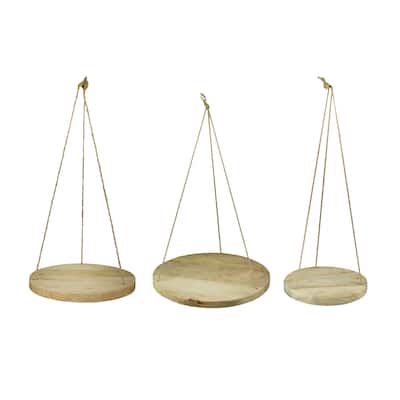 Primitive Wooden Disc And Jute Rope Hanging Plant Stands (Set Of 3) - 1 X 16 X 16 inches