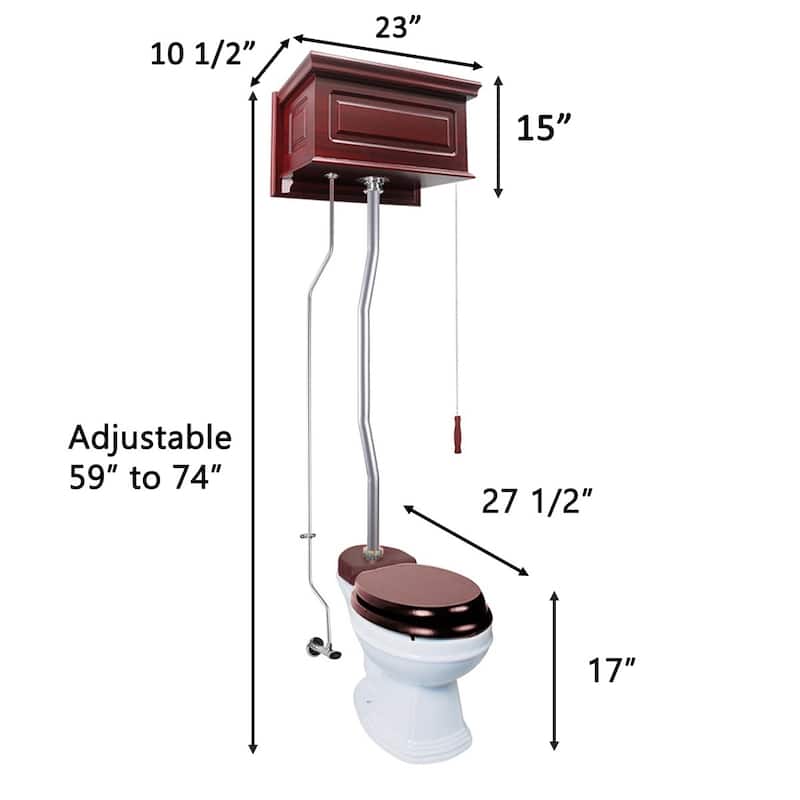Cherry Wooden High Tank Toilet Raised Tank, Satin Plated Z Pipe and Elongated White Bowl