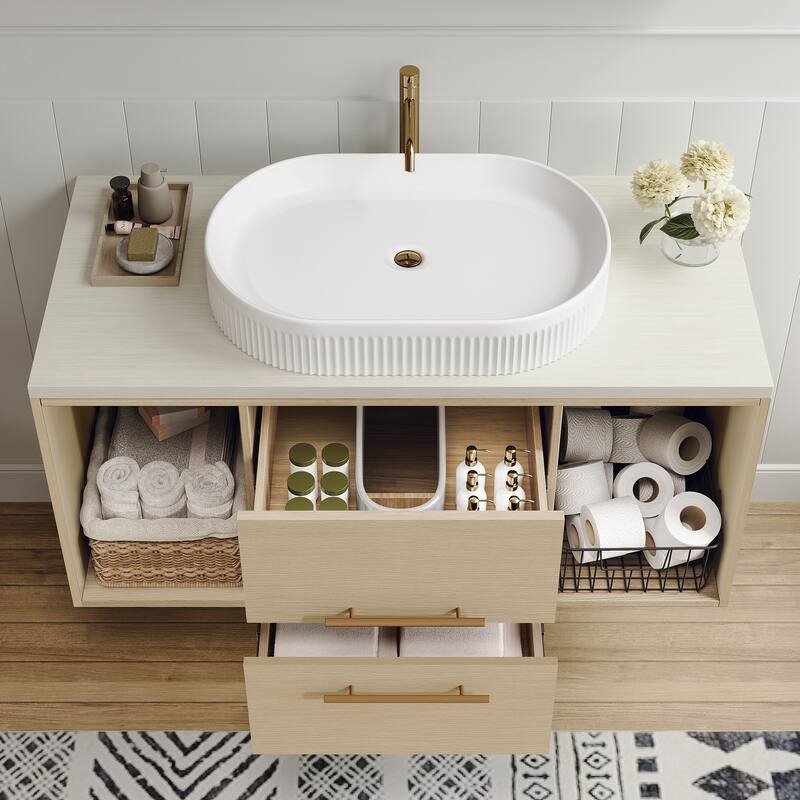 39.3"Wall-Mounted Bathroom Vanity with Oval Ceramic Sink,Floating Multi-Layer Cabinet Soft-Close Drawers Open Shelf Storage