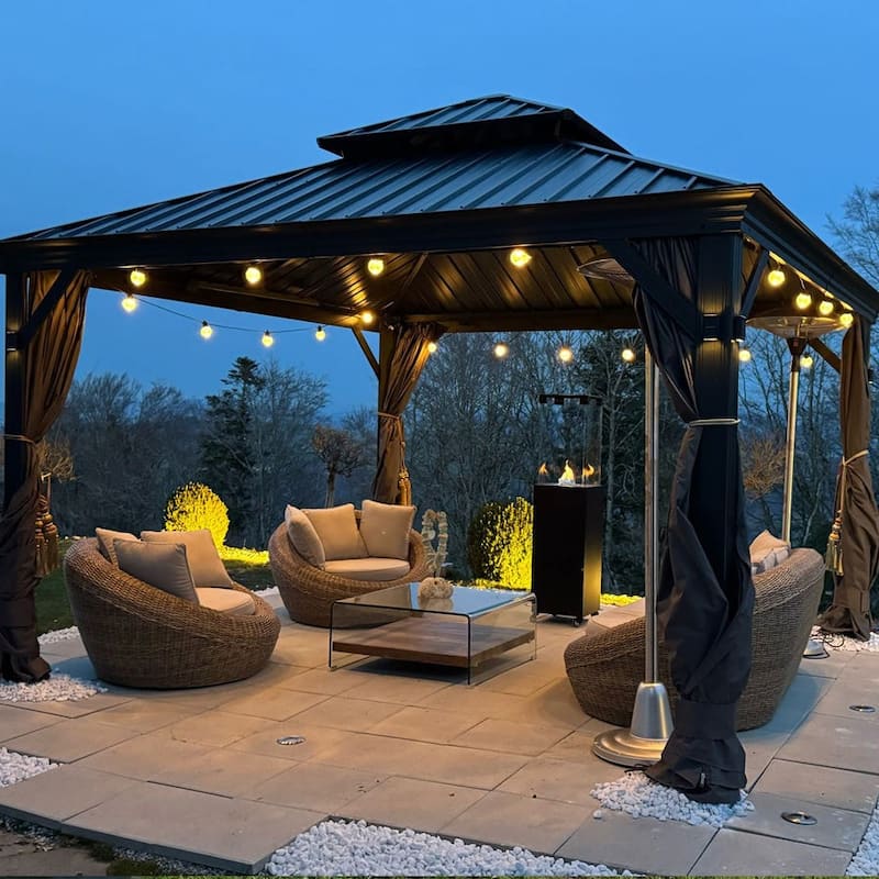 PURPLE LEAF Outdoor Galvanized Steel Hardtop Gazebo, Aluminum Frame Gazebo With Curtains