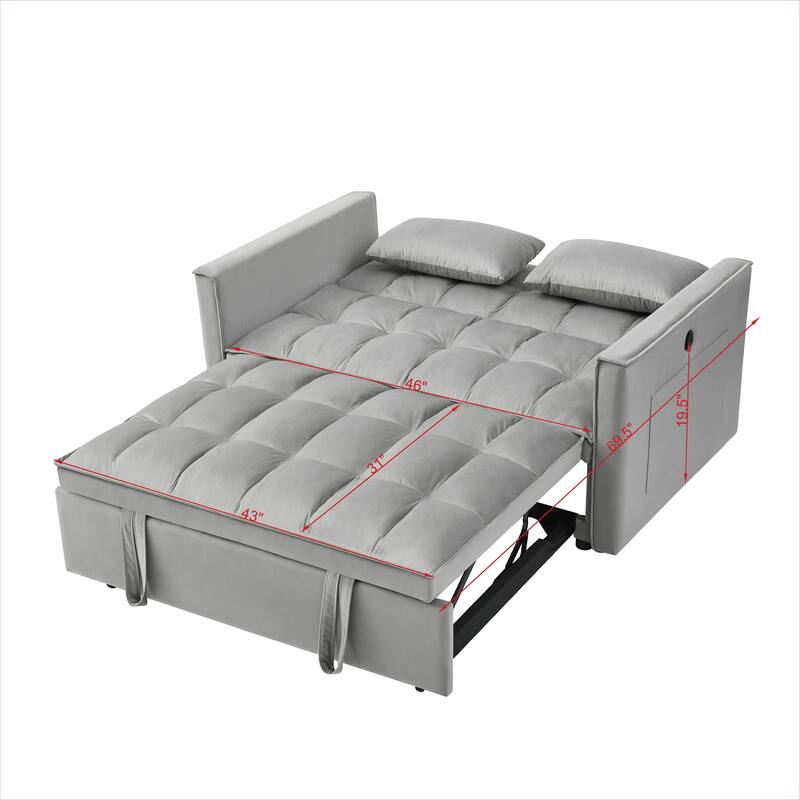 3-in-1 Adjustable Light Gray Velvet Sleeper Sofa Bed with USB Port