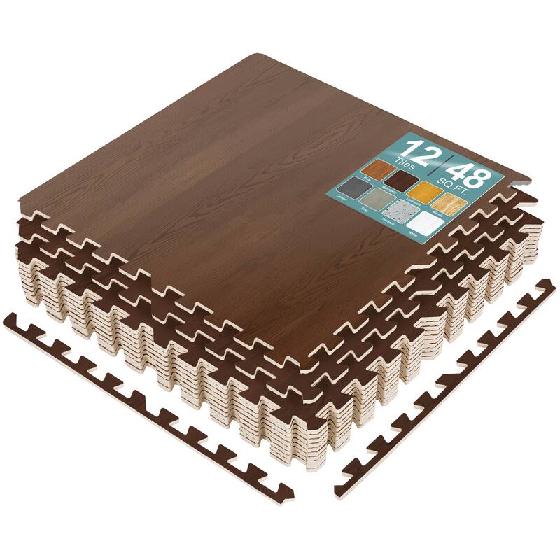 Interlocking Floor Mat - Gray Wood Print, 12 Pieces and Borders - Light Mahogany