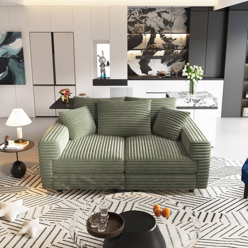 Plush Corduroy Upholstered 3 Seat Sofa , Convertible Deep Seat Lounge Sofa Chair, Cloud Sofa with 5 Soft Pillows
