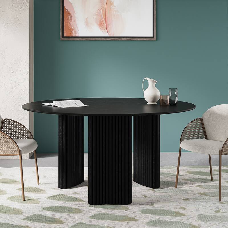 Modern Round Dining Table with Striped Column Legs Solid Wood Kitchen Table Anti-Scratch Footpads