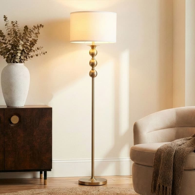 Brightech Riley 60 in. Antique Brass Mid-Century Modern LED Super Bright Floor Lamp with White Fabric Drum Shade