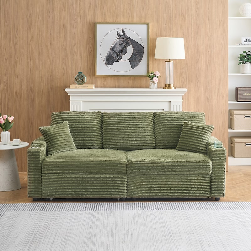 80"Corduroy Sofa With Cup Holder