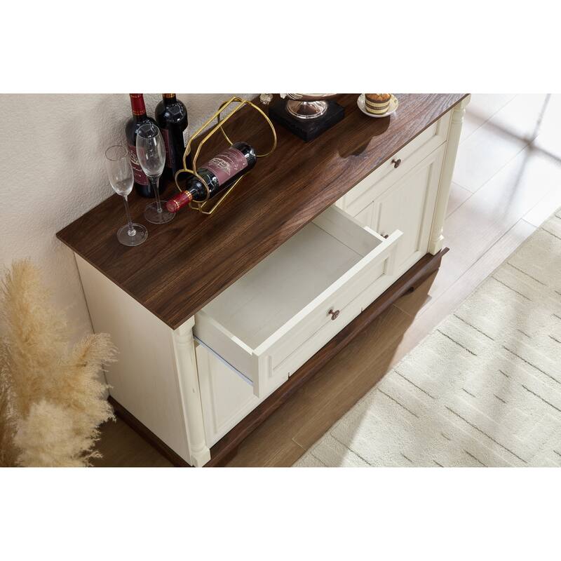 Sideboard Buffet Cabinet with Drawers & Doors, Large Wooden Coffee Bar Cabinet, Wall Cabinet with Roman Column Shape - Walnut,White