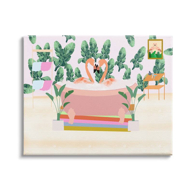 Stupell Tropical Pink Flamingo Pair Bubble Bath Tropical Bathroom Canvas Wall Art - Green - 30 x 24