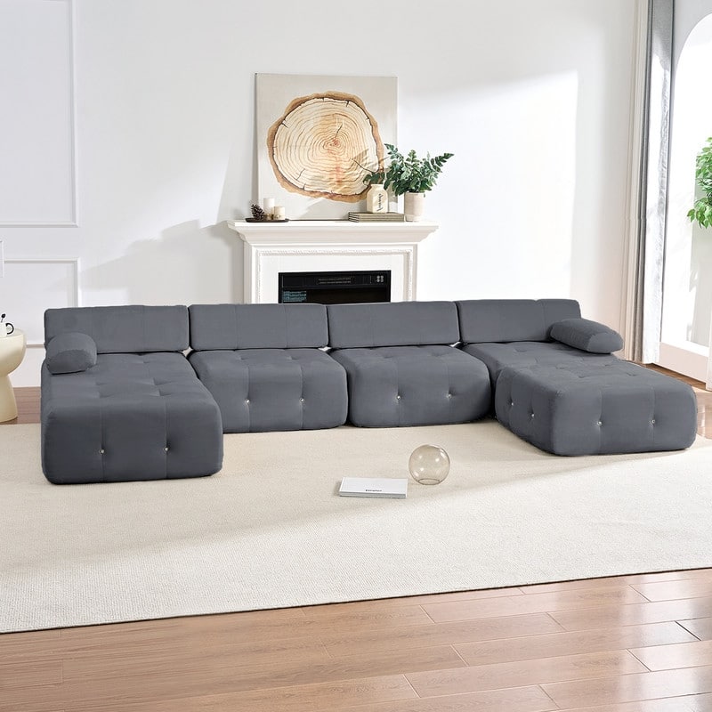 Mixoy Modular 134inch Modular Sectional Sofa with 2 Ottoman,Velvet U-Shaped Couch for Living Room - 133.9"w x 66.9"D x 24.8"H
