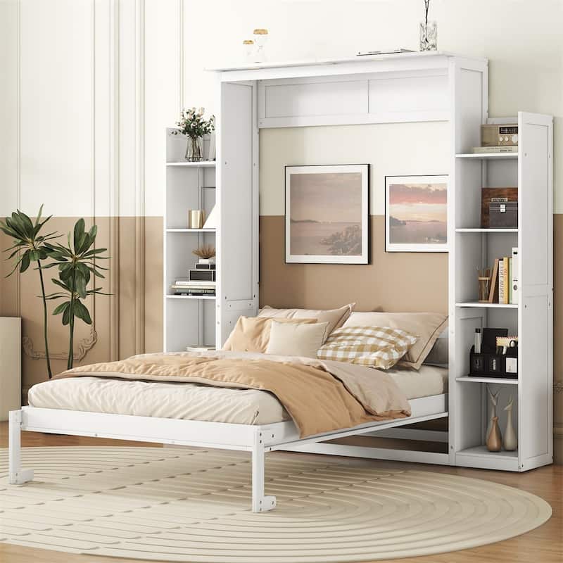 Full Size Murphy Bed Wall Bed with Shelves and LED Lights,Frame Bed - White