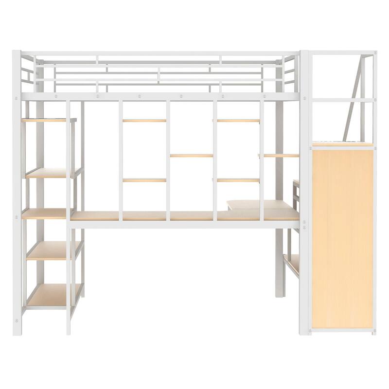 Full Size Metal Loft Bed with Storage Staircase, Built-in Desk, Wardrobe, and Shelves, White