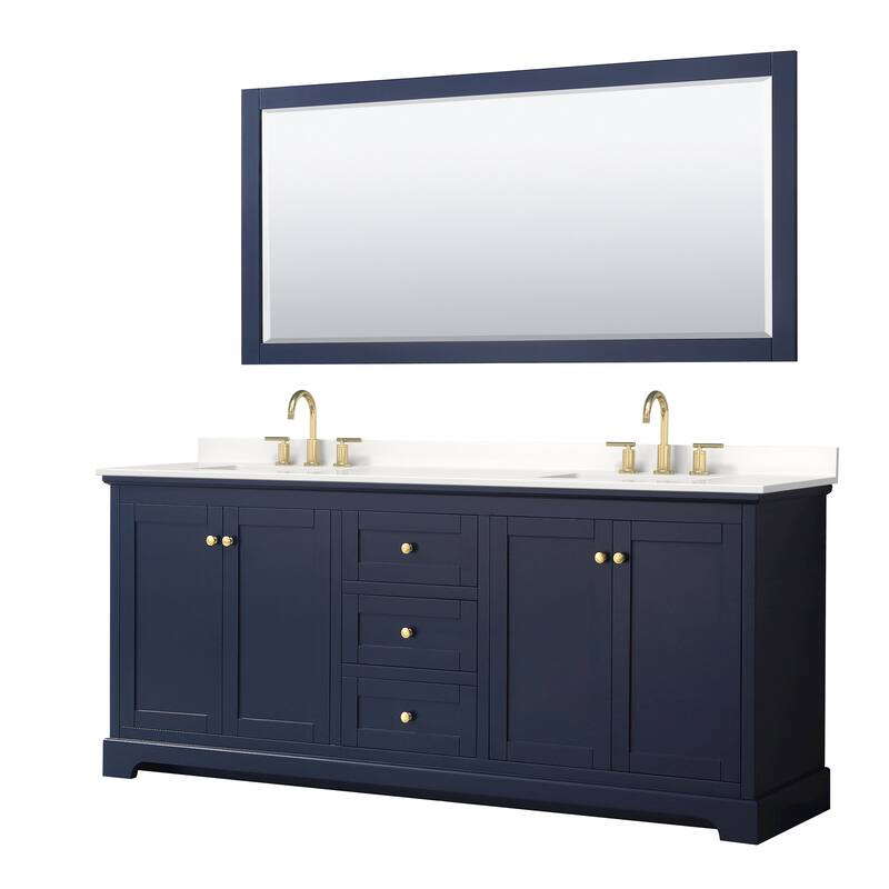 Avery 80-inch Double Vanity, Quartz Top, 70-inch Mirror - Dark Blue, Gold Trim, White Quartz Top