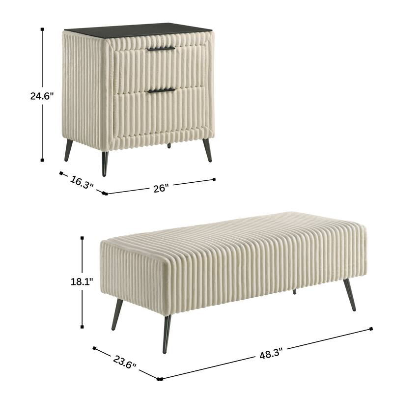 Roundhill Furniture Mavela Wide Wale Corduroy Upholstery Panel Bed with 2 Nightstands and Bench, Cream