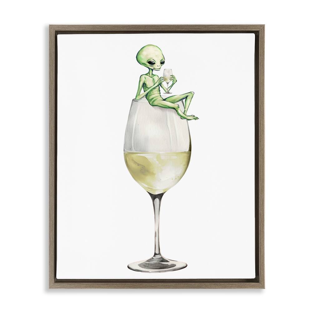 Stupell Alien Perched on Champagne Glass Framed Floater Canvas Wall Art Design By Lil' Rue