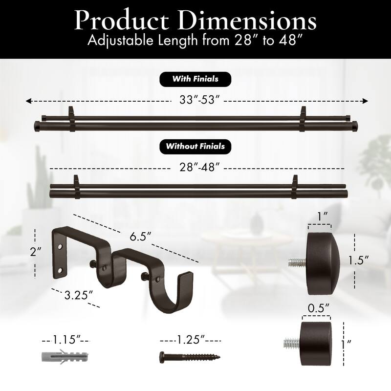 Meriville 1" Diameter Double Window Curtain Rod, End Cap Finials