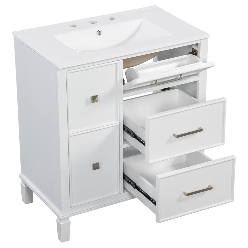 30 Inch Bathroom Vanity with Ceramic Sink, Flip-Out Drawer Design for Plumbing, Painted MDF Cabinet with Solid Wood Legs