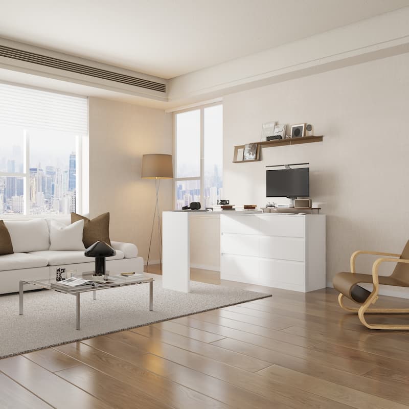 L-Shaped Desk with 6 Drawer Dresser, Extendable Adjustable Vanity Writing Table, Handleless Storage Cabinet