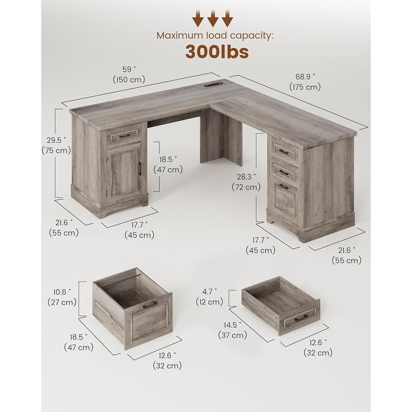dimension image slide 7 of 30, Farmhouse Executive L Shaped Desk Home Office Desk with Drawers and Storage Cabinet & Power Outlet