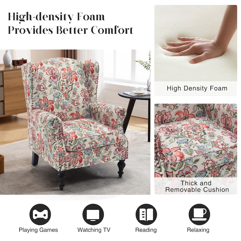 HOMYKA 29'' Wide Floral Pattern Wingback Accent Armchair with Nailhead Trim