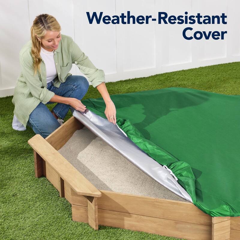 Outdoor Kids Sandbox with Bench Seats and Hemlock Wood Frame UV-Resistant Cover and Liner - 78”L x 78”W x 9”H