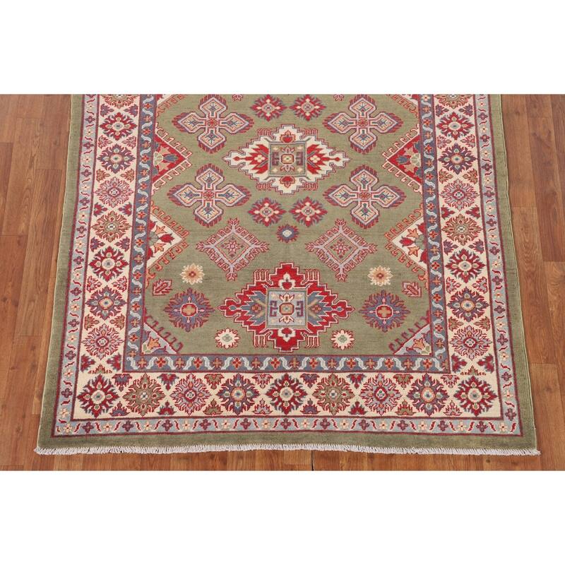 Green Kazak Area Rug Handmade Oriental Wool Carpet - 4'10" x 6'3"