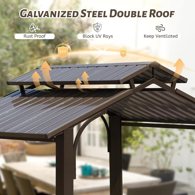 8×5FT Hardtop Grill Gazebo, Outdoor BBQ Gazebo w/Galvanized Steel Double Roof, Permanent Sun Shade Grill Canopy Shelter