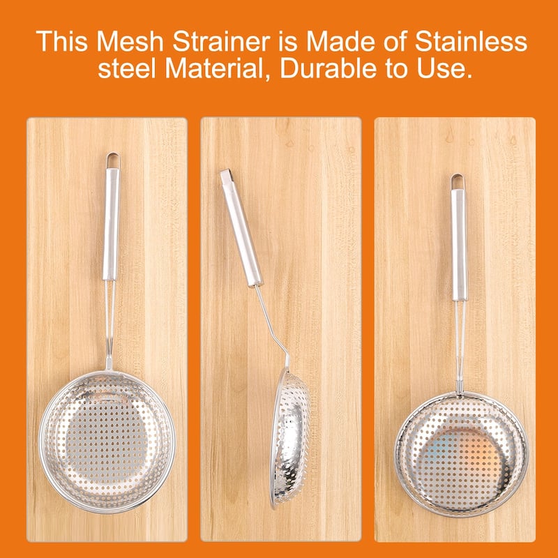 Home Kitchen Cookware Silver Tone Stainless Steel Perforated Ladle Colander 14"