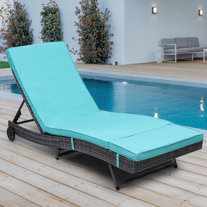 Wicker recliner, outdoor PE cane pool recliner with adjustable back and removable mat and wheels - Blue