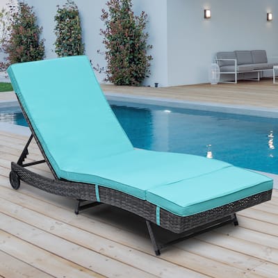 Wicker recliner, outdoor PE cane pool recliner with adjustable back and removable mat and wheels