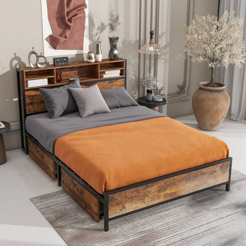 Full / Queen Size Rustic Storage Bed Frame with Bookcase Headboard with Power Outlets, 2 Under-Bed Storage Drawers Included🏕️