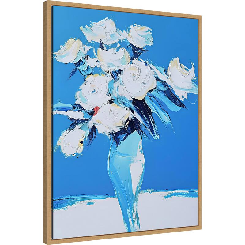White Roses In a Blue Vase by Elena Avanesova Framed Canvas Wall Art Print