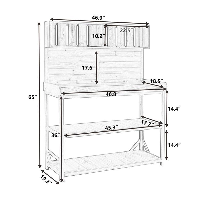 Roomfitters 65" Farmhouse Outdoor Potting Bench Table with 4 Storage Shelves and Side Hook, Forest Green