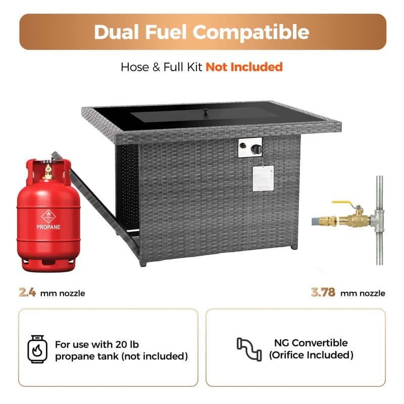 43" Wicker Outdoor Propane Fire Pit Table, 60,000 BTU, Wind Guard