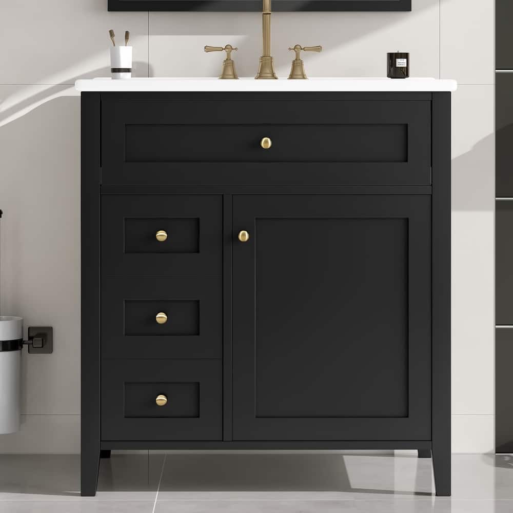 Modern Bathroom Vanity with Sink, 30-Inch Freestanding Cabinet with 3 Drawers, MDF & Rubberwood Makeup Desk