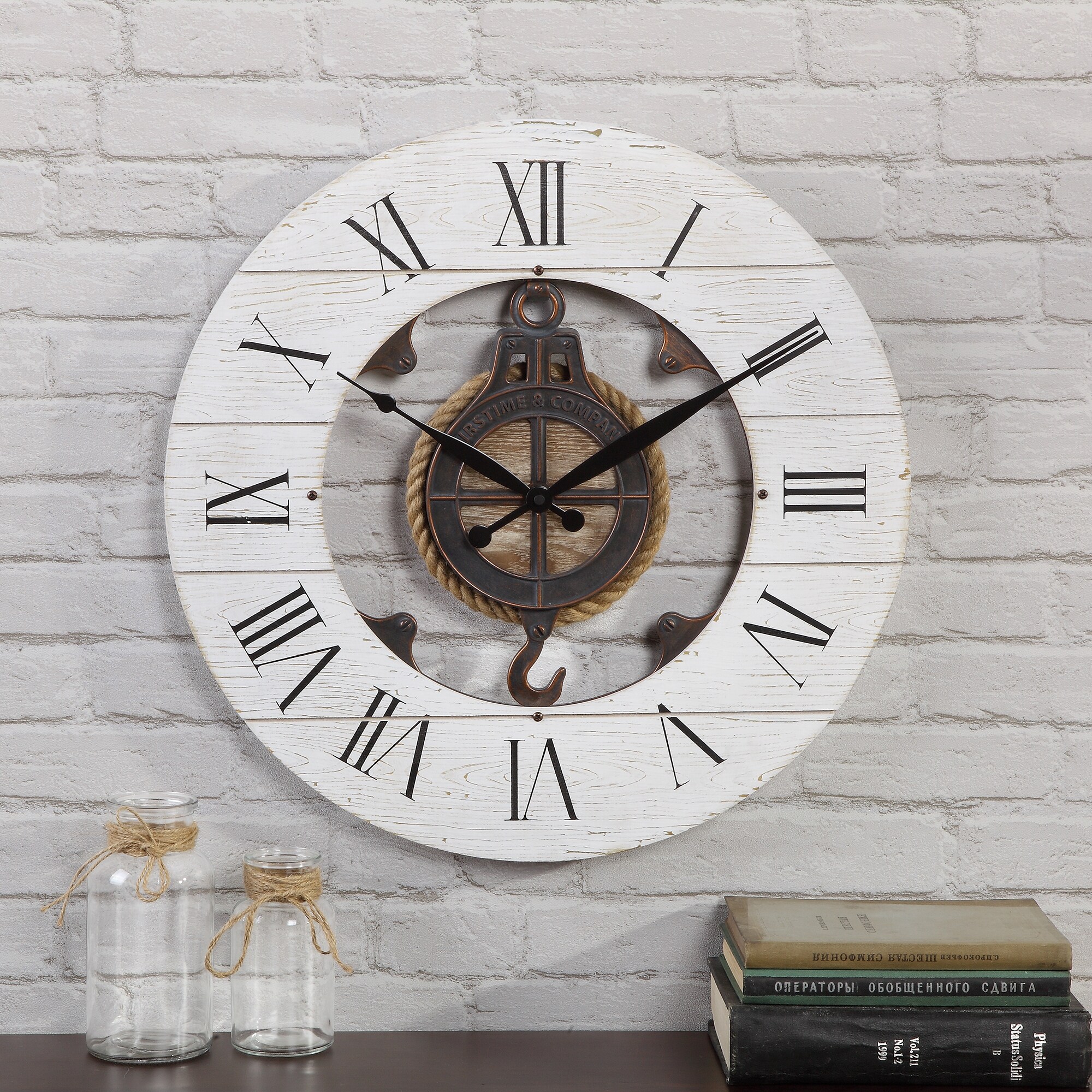 Shop Firstime Co Farmhouse Shiplap Pulley Wall Clock American Crafted Distressed White Wood 19 X 2 X 19 In 19 X 2 X 19 In Overstock 28040637