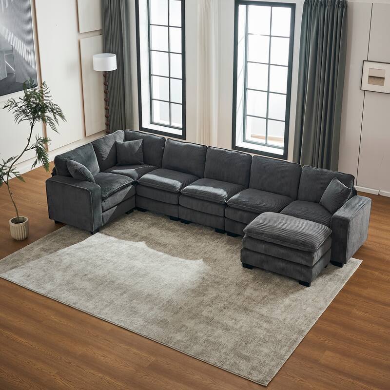 Corduroy Upholstered U-shaped Chaise Sectional Sofa Modular Sleeper Sofa Bed Deep Seat Couch with Ottoman and Pillows