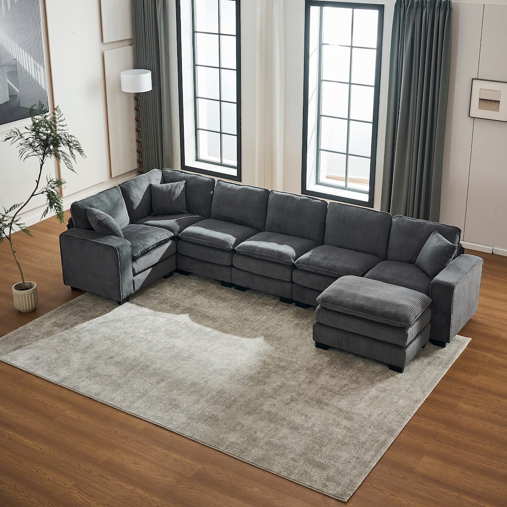 Modular Sectional Sofa for Living Room, U Shaped Sofa Couch with Ottoman and Three Toss Pillows, Corduroy Fabric Sofa Set