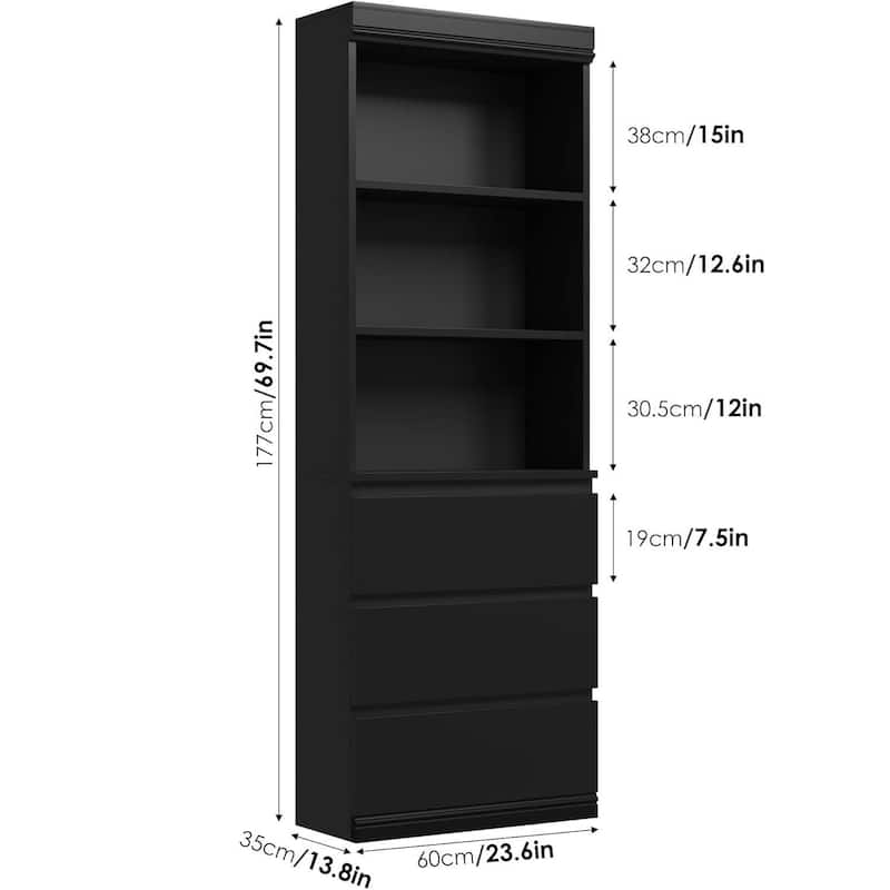 70 Inch Freestanding Modern Tall Bookcase with 3 Drawers - N/A
