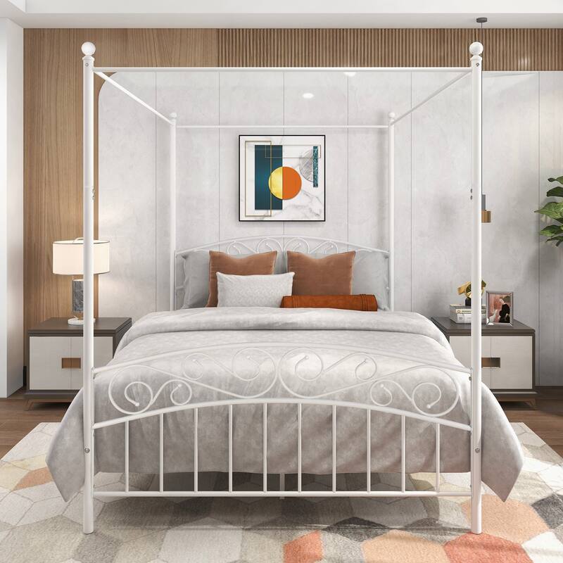 Metal Canopy Bed Frame with Ornate European Style Headboard & Footboard