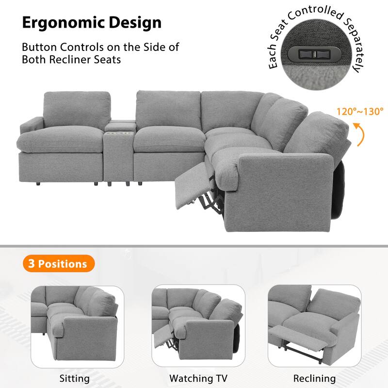 104'' Power Recliner Corner Sofa, Grey Linen, with Storage, Cup Holders & USB Ports
