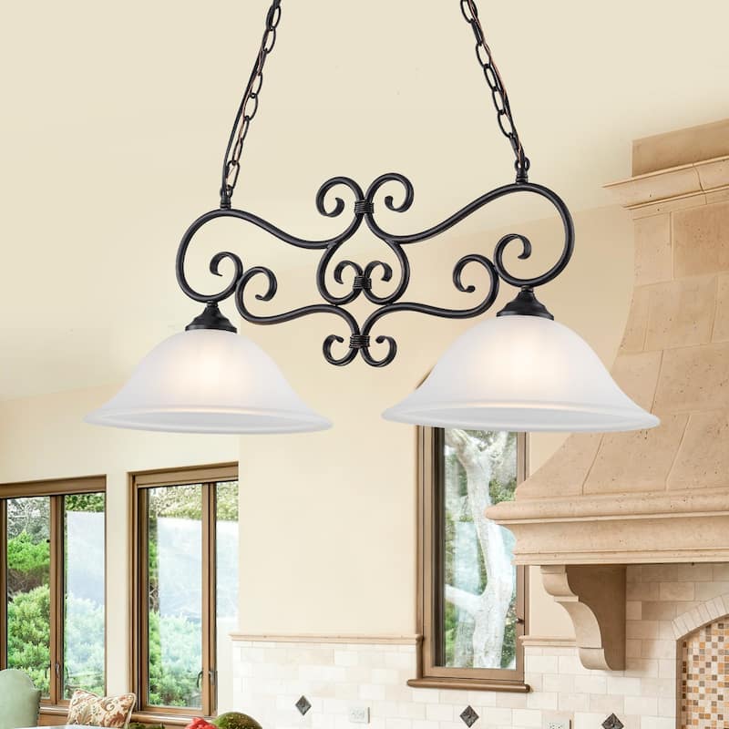Matte Black 2-Light Linear Chandelier with Bell Glass Shades - Dia.32.28-in - Dia.32.28-in