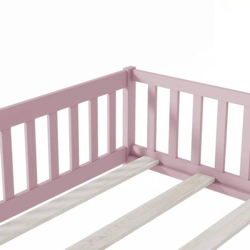 Rubber Wood Floor Bed with Safety Guardrails