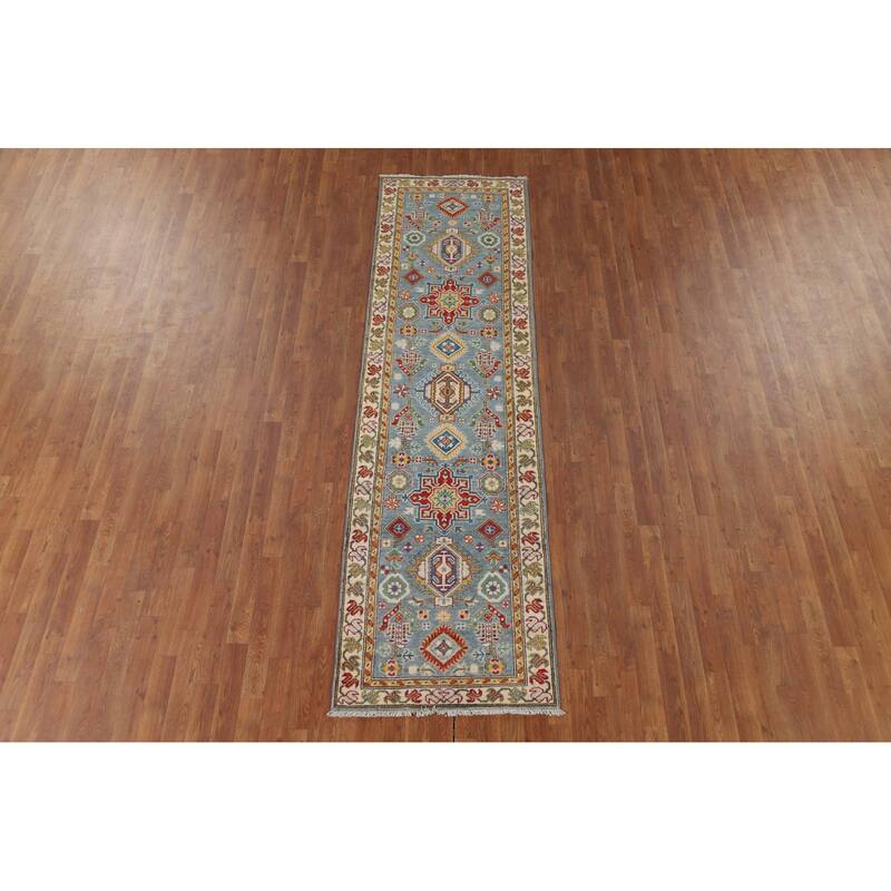 Light Blue Geometric Kazak Runner Rug Hand-Knotted Wool Carpet - 2'8" x 9'6"