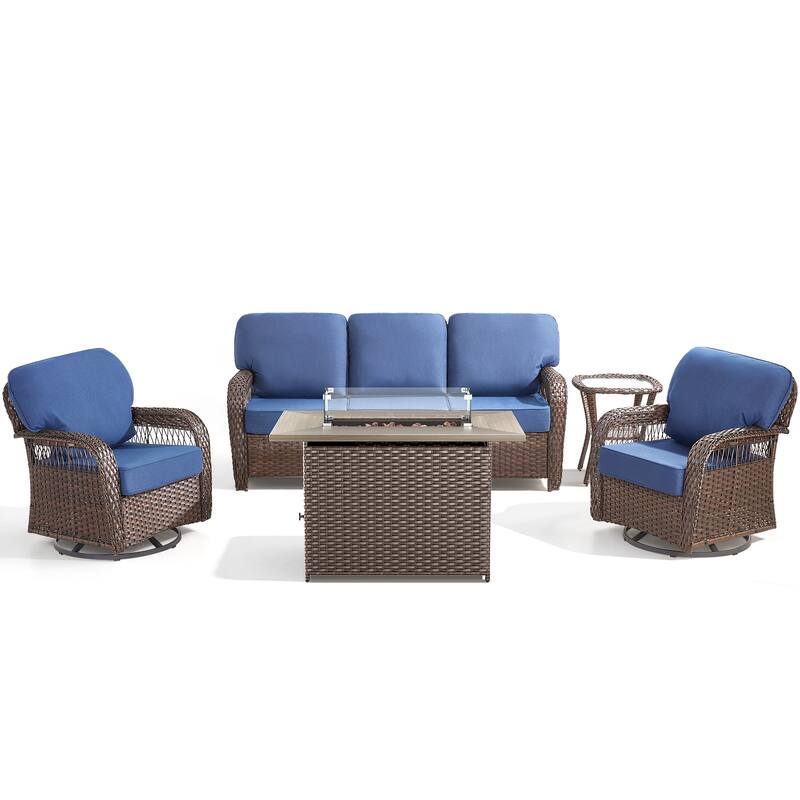 Pocassy Outdoor Fire Table with Swivel Chair Sofa Funiture Set.