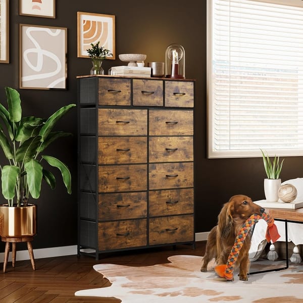 tall brown dresser for bedroom Amerlife Solid Oak Metal Wooden 5 Drawers Dresser, Rustic Brown Tall Chest for Bedroom