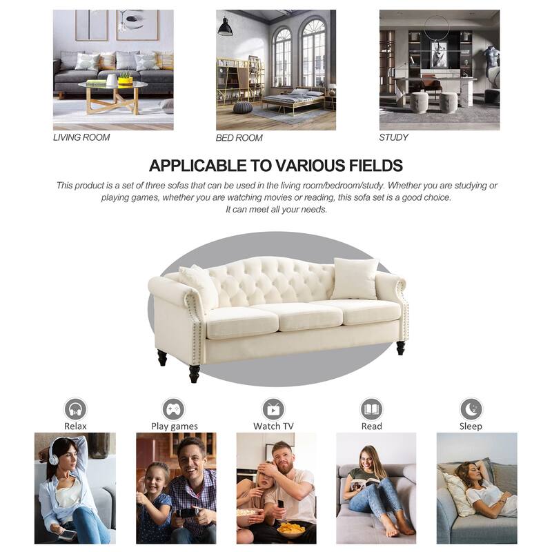 Chesterfield 3-Seater Upholstered Tufted Sofa with Rolled Arms and Nailhead